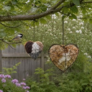 May include: Two heart-shaped bird nesting material dispensers hanging from a tree branch. One is smaller with brown, white, and gray wool, while the larger one is filled with tan straw and white fluff, both encased in a dark metal wire mesh frame.