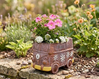 Vintage campervan bloempot van hars, retro bus bloempot voor vetplanten, tuindecoratie, bureaubloempot, woondecoratie, cadeau