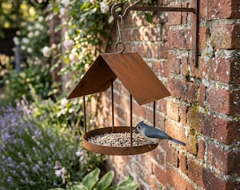 Rustic Hanging Bird Feeder with Roof, Metal Bird Seed Tray, Outdoor Garden Bird Feeder, Hanging Bird Feeding Station, Yard Decor