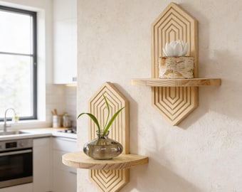 Boho Wooden Wall Shelf, Decorative Floating Shelf, Boho Wall Decor Shelf, Small Display Shelf for Plants