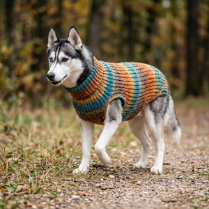 May include: A Siberian Husky dog wearing a ribbed knit sweater featuring horizontal stripes in shades of orange, yellow, and teal. The sweater has a high turtleneck collar and covers the torso, leaving the legs and tail exposed.