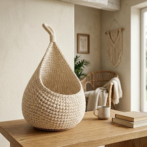 May include: A teardrop-shaped hanging basket made of off-white woven cord with a thick, knotted loop at the top for suspension. The basket features a textured, dense crochet-like stitch pattern and a wide, open front for storage or display.