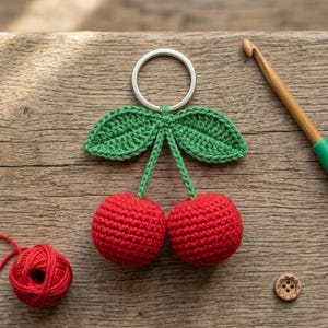 Puede incluir: Llavero de cerezas de ganchillo con cerezas rojas, hojas verdes y un anillo plateado. El llavero de fruta hecho a mano está sobre una superficie de madera con una madeja de hilo rojo, un ganchillo y un botón de madera.