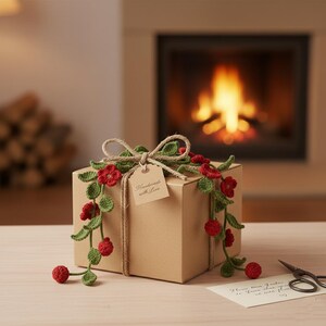 May include: A brown gift box adorned with a crocheted garland of red flowers and green leaves. The box is tied with twine and a tag that reads "Handmade with Love." A cozy fireplace is in the background.