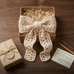 Puede incluir: Un lazo de ganchillo de color crema con colas largas y fluidas, presentado en una caja de cartón abierta llena de papel triturado. Una pequeña caja de regalo con una etiqueta "ARTISAN" está atada con hilo. También son visibles ganchos de ganchillo e instrucciones.