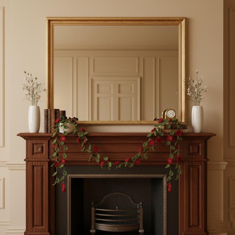 May include: A decorative fireplace mantel with a large gold-framed mirror. The mantel is adorned with a garland of red roses and green leaves, white vases with floral arrangements, and a small clock. The fireplace is made of dark wood.