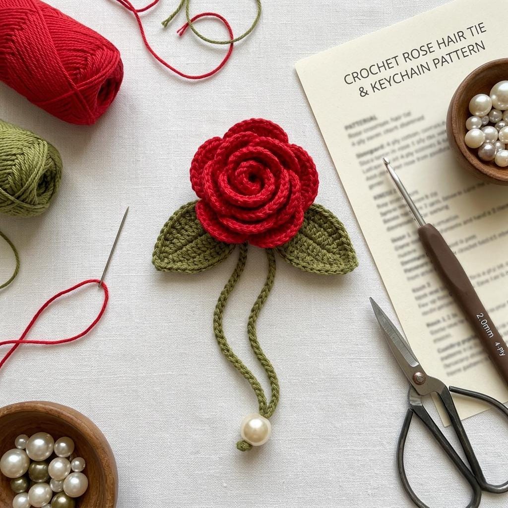40 Valentine Crochet Patterns to Make for Gifts, Decor, and Cozy Seasonal Touches 36 Crochet Rose Hair Tie & Keychain Pattern Easy Flower Charm