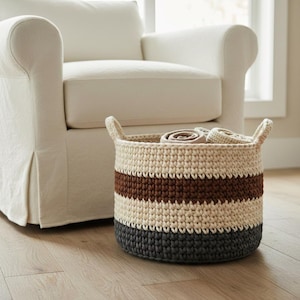 Crochet Striped Storage Basket Pattern, Bulky Yarn, Textured Handles (PDF Pattern)