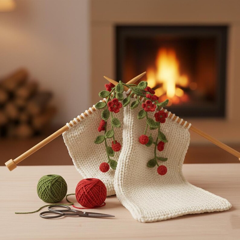 May include: A knitting project in progress, featuring cream-colored yarn on wooden needles. A decorative garland with red flowers and green leaves adorns the knitted piece. Two balls of yarn, one green and one red, and a pair of scissors are also present.