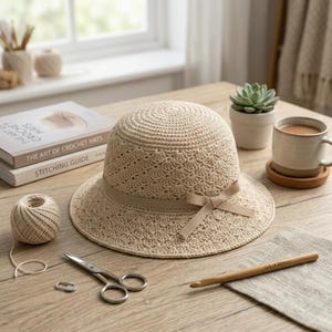 Op de afbeelding: Een beige gehaakte zonnehoed met een ronde kroon en een brede rand met een delicaat schelpensteekpatroon. Een glad, bijpassend beige lint is in een kleine strik rond de basis van de kroon gebonden, wat een subtiel detail toevoegt.