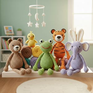Può includere: Una collezione di animali di peluche all'uncinetto fatti a mano, tra cui un orso marrone, un pulcino giallo, una rana verde, una tigre arancione e un elefante viola. I giocattoli sono esposti su una mensola bianca con gomitoli di lana sullo sfondo. Una giostrina con stelle e lune è appesa sopra.