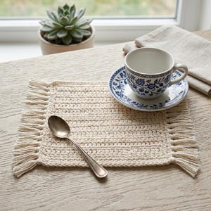 May include: A cream-colored, crocheted placemat with fringe, a silver spoon, and a teacup and saucer with blue floral designs. A succulent plant in a small pot and a folded linen napkin are in the background.