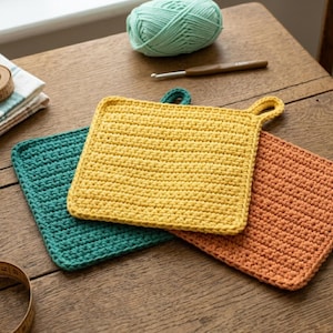 May include: Three handmade crochet pot holders in teal, yellow, and orange, with a loop for hanging. A ball of teal yarn and a crochet hook are in the background. The pot holders are square and have a textured stitch.