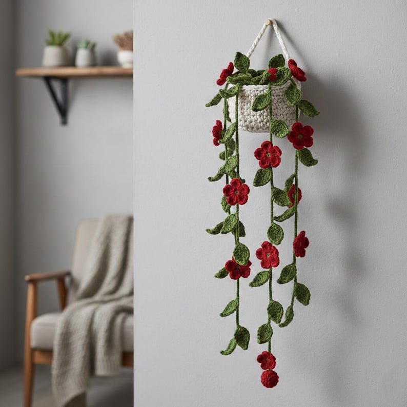 May include: A handmade, off-white crochet hanging planter with red flowers and green leaves. The planter is suspended by a white rope and hangs against a light gray wall. The cascading flowers and leaves add a touch of nature to the decor.