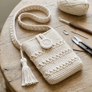 Textured Crochet Phone Bag Pattern, Cross Stitch, Tassel Strap (PDF Pattern)