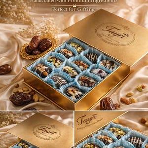 May include: A gold box of assorted luxury chocolate dates, handcrafted with premium ingredients. The box is open, revealing rows of dates with various toppings and designs. The text "Tayri Luxury Chocolate Dates" is visible.