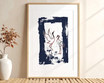 Japanese Crane Tsuru Wall Art, Sumi-e Bird Print Digital Download, Minimalist Asian Art Printable Wall Art, Japandi Home Decor