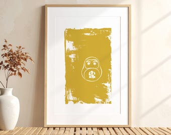 Japanese Daruma Doll Wall Art, Golden Daruma Digital Download, Zen Good Luck Printable Art, Tomi Wealth Kanji Japanese Home Decor