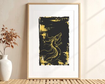 Japanese Dragon Wall Art Print, Ryu Gold and Black Digital Download, Sumi-e Brushstroke Printable Art, Asian Home Decor