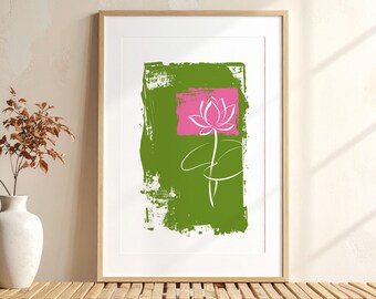 Japanese Lotus Wall Art Print, Hasu Flower Digital Download, Zen Botanical Printable Wall Art, Asian Home Decor