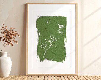 Matcha Green Tea Leaf Art Print, Japanese Botanical Digital Download, Wabi-Sabi Minimalist Printable Wall Art, Zen Home Decor
