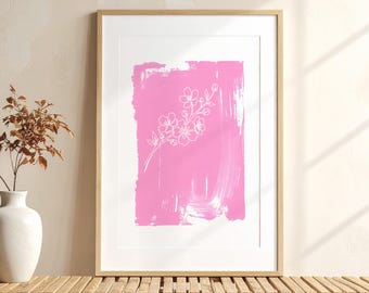 Pink Sakura Cherry Blossom Wall Art Printable | Japanese Floral Digital Download | Silkscreen Style Botanical Print | Home Decor Poster