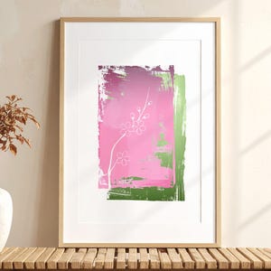 Sakura Cherry Blossom Wall Art, Japanese Spring Floral Digital Download, Pink Green Brushstroke Printable Wall Art, Zen Home Decor