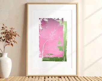 Sakura Cherry Blossom Wall Art, Japanese Spring Floral Digital Download, Pink Green Brushstroke Printable Wall Art, Zen Home Decor