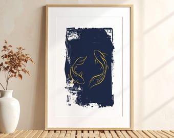 Koi Fish Wall Art, Nishikigoi Japanese Print, Feng Shui Prosperity Symbol, Indigo Gold Minimalist Decor, Digital Download, Japandi Poster