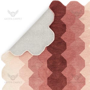 Blush Pink Scalloped Runner Rug with Rust and Beige Geometric Pattern Hand Tufted Wool Hallway Rug Soft Modern Runner for Entryway Decor Rug