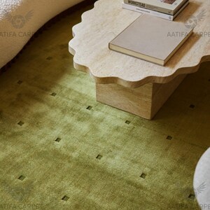Olive Moss Handloom Wool Rug 5x8 6x9 8x10 9x12 10x14, Dotted Grid Pattern Rug, Earthy Green Handmade Minimal Area Rug