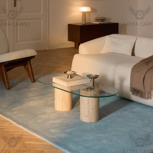 Soft Sky Blue Area Rug Thick Wool Hand Tufted Plush Floor Rug Light Fresh Tone Rug for Cozy Bedroom Living Space Modern Homes Large Area Rug