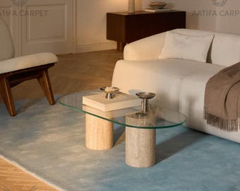 Soft Sky Blue Area Rug Thick Wool Hand Tufted Plush Floor Rug Light Fresh Tone Rug for Cozy Bedroom Living Space Modern Homes Large Area Rug