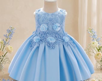 Vestido de princesa de satén con cuentas para niñas, vestido de damita de honor, forro de algodón, elegante atuendo para fiestas y ocasiones especiales.