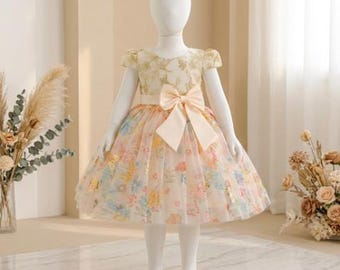 Girls Fluffy Princess Dress Bow One Year Old Party Banquet Dress Kindergarten Festival Dance Costume Toddler Birthday Outfit