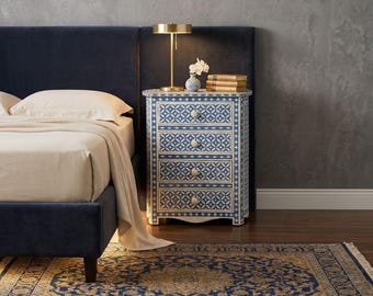 Bedside Table 4 Drawer, Floral Inlay Nightstand, Luxury Bedside Cabinet,Custom Furniture