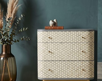 Bone Inlay 3 Drawer Dresser with Brass Base | Luxury Storage Cabinet | Bedroom Furniture Decor