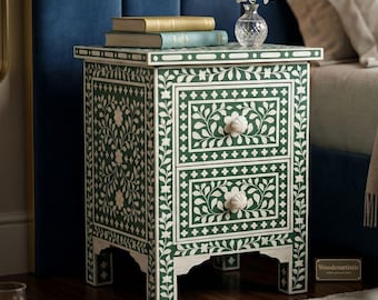 骨象嵌サイドテーブル（引き出し付き）、高級ベッドサイドテーブル、モロッコ風ナイトスタンド、