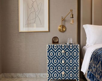 Mesita de noche con incrustaciones de hueso, 3 cajones, diseño boho chic, muebles hechos a mano.