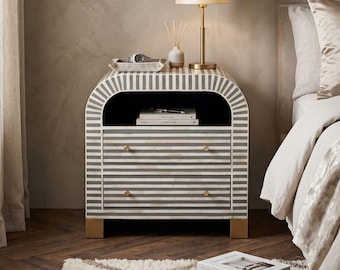 Mesita de noche con incrustaciones de hueso gris, hecha a mano, mesita auxiliar de madera con estampado de rayas, estilo moderno y lujoso.