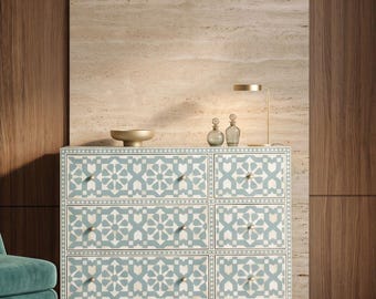 Moroccan Bone Inlay Dresser 6 Drawer Handmade Chest Floral Wooden Storage Cabinet Boho Luxury