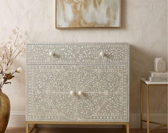 Aparador con incrustaciones de hueso y diseño floral, vitrina de madera, credenza de lujo, organizador artesanal, muebles a medida.