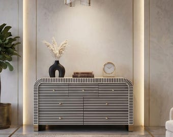 Zwart gestreept botinlegwerk waterval buffetkist, opbergkast met 7 lades, handgemaakt dressoir met inlegwerk,