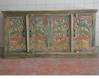 Hand Carved Mango Wood Sideboard Rustic Cabinet Farmhouse Storage Console Handmade Wooden Buffet Cabinet