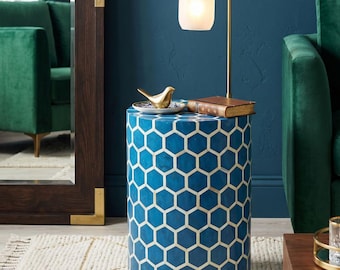 Mesita auxiliar con incrustaciones de hueso, mesa de madera, mesita de noche de lujo, decoración bohemia para el hogar, hecha a mano.