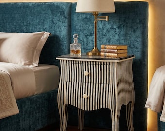 Bone Inlay Bedside Table Black Nightstand Wooden Side Table with 2 Drawer Luxury Furniture