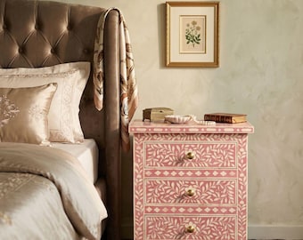 Handmade Bone Inlay Bedside Table 3 Drawer, Floral Inlay Nightstand, Luxury Bedroom Furniture,