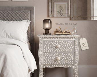 Mesita de noche artesanal con incrustaciones de hueso, 2 cajones, mesita de noche con incrustaciones, muebles de lujo.