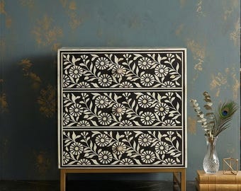 Bone Inlay Floral Cabinet Sideboard, Luxury Wooden Storage Console, Handcrafted Decorative Furniture,