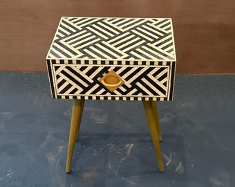 Bone Inlay Bedside Table with Drawer, Geometric Nightstand, Custom Bedroom Furniture